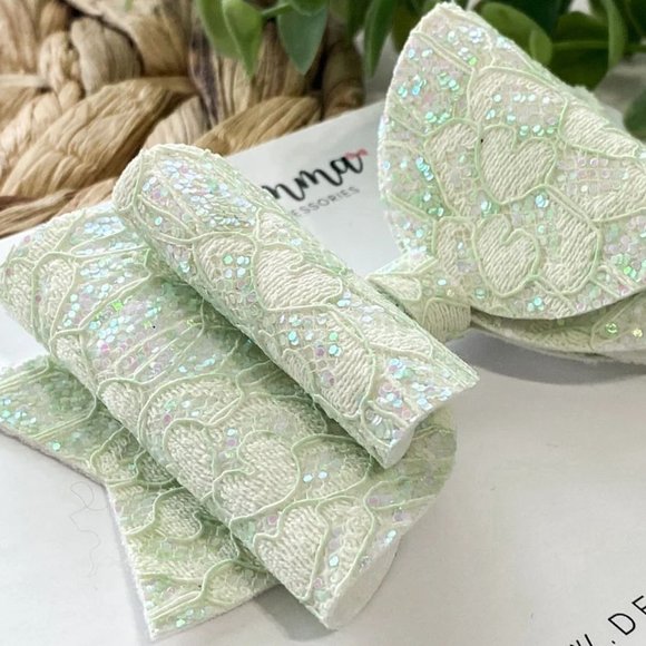 Pale Green Lace Glitter Hair Bow - Picture 2 of 5
